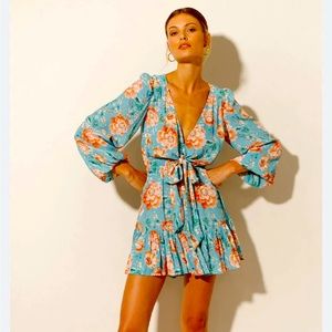 NWT- Kivari Blue Floral Long Sleeve Tie Front Miki Dress